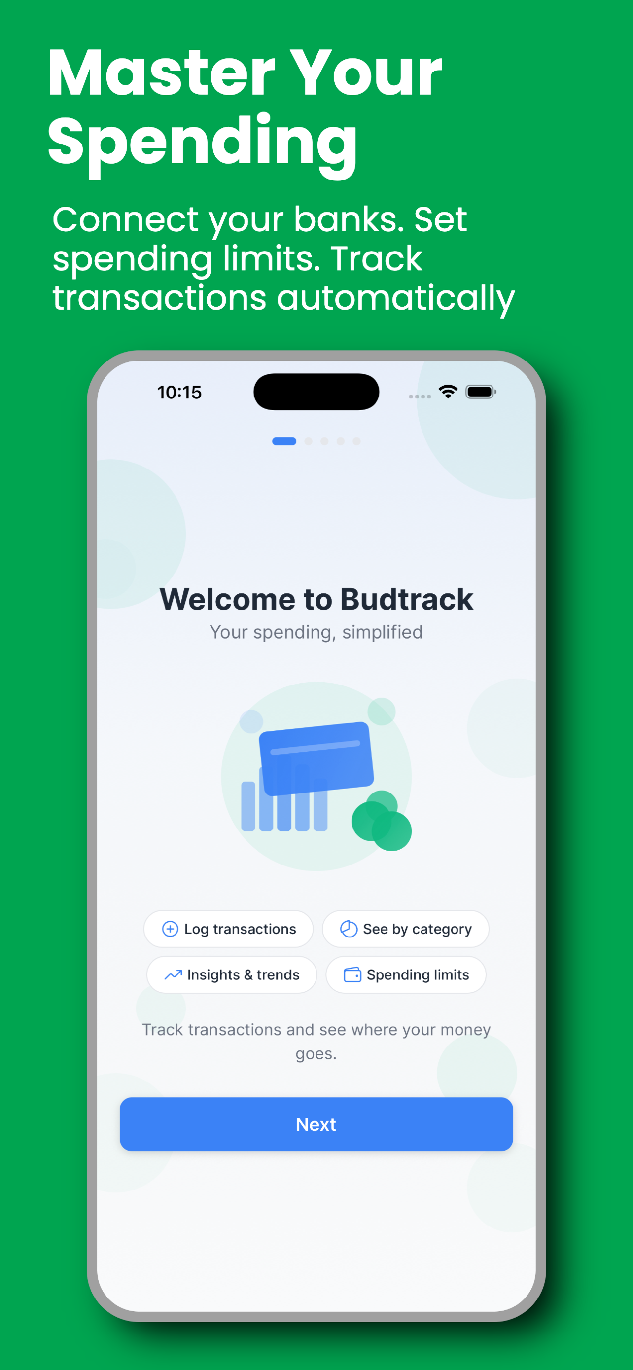 Budtrack home screen showing budget summary and recent transactions