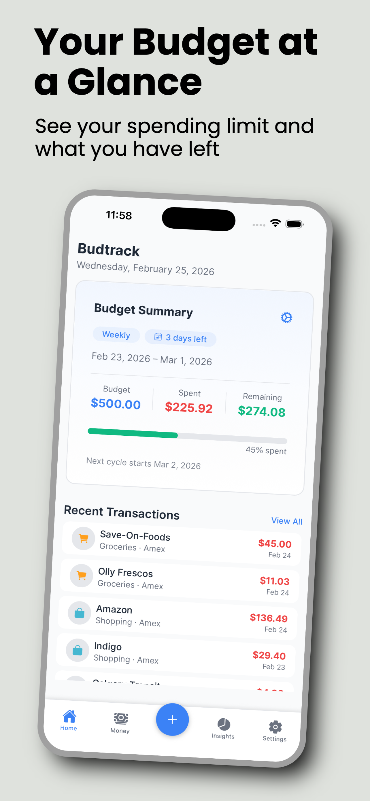 Budtrack insights screen showing AI tips, stats, and spending breakdown