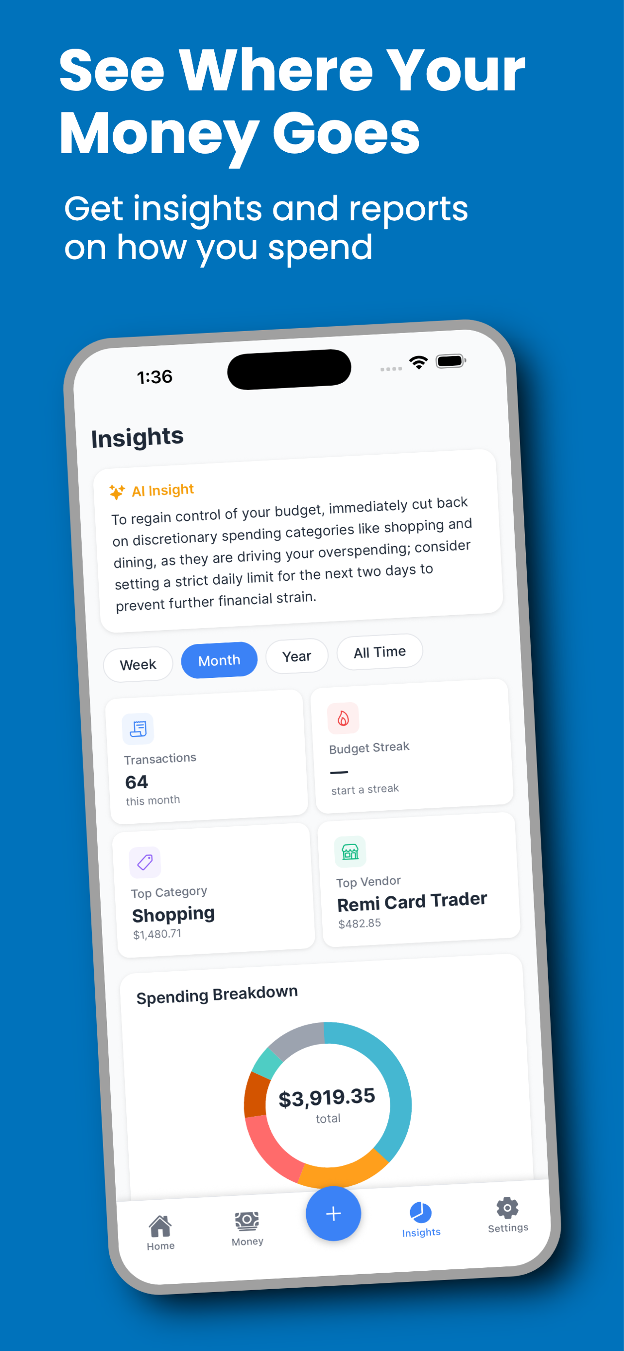 Budtrack home screen with budget summary, spending progress, and recent transactions