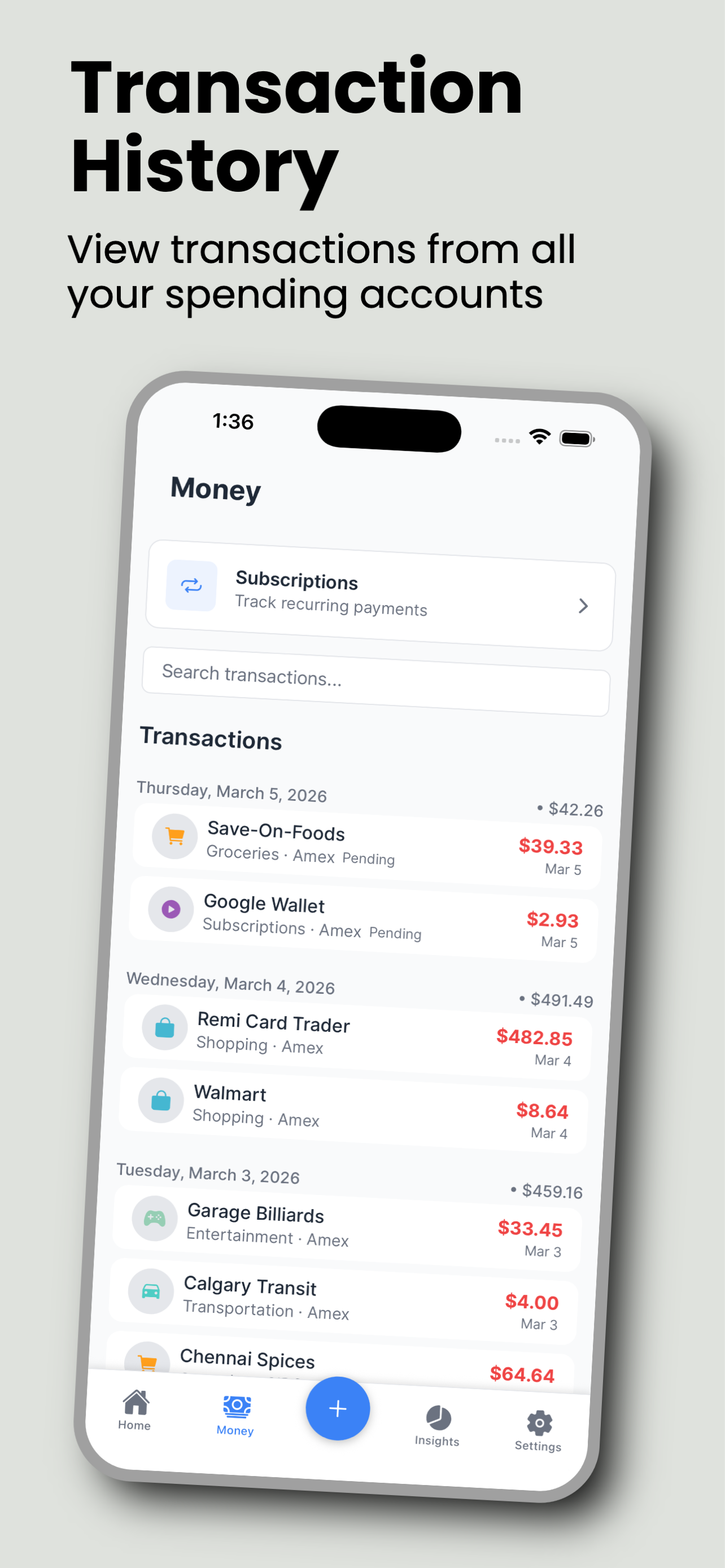 Budtrack insights screen with AI tips, spending stats, and category breakdown chart